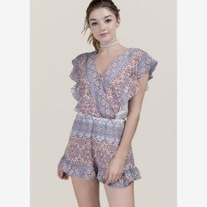 Blue Rain Romper Shorts Small Ruffled V-Neckline Elastic Waist Lined Polyester‎